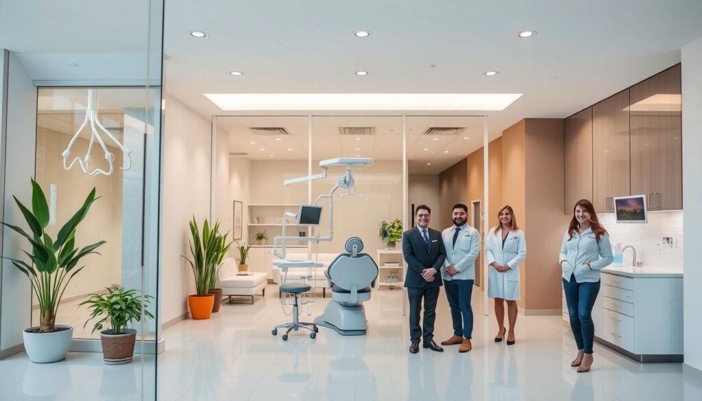 A modern, well-equipped dental clinic with a warm, inviting atmosphere. The exterior features a clean, minimalist facade with large windows showcasing the bright, airy interior. The lobby is spacious and elegantly designed, with comfortable seating areas and potted plants adding a touch of nature. The treatment rooms are pristine, with state-of-the-art dental equipment and soothing lighting. The staff, dressed in crisp, professional attire, greet patients with a friendly demeanor. The overall impression conveys a sense of professionalism, attention to detail, and a commitment to providing exceptional dental care.