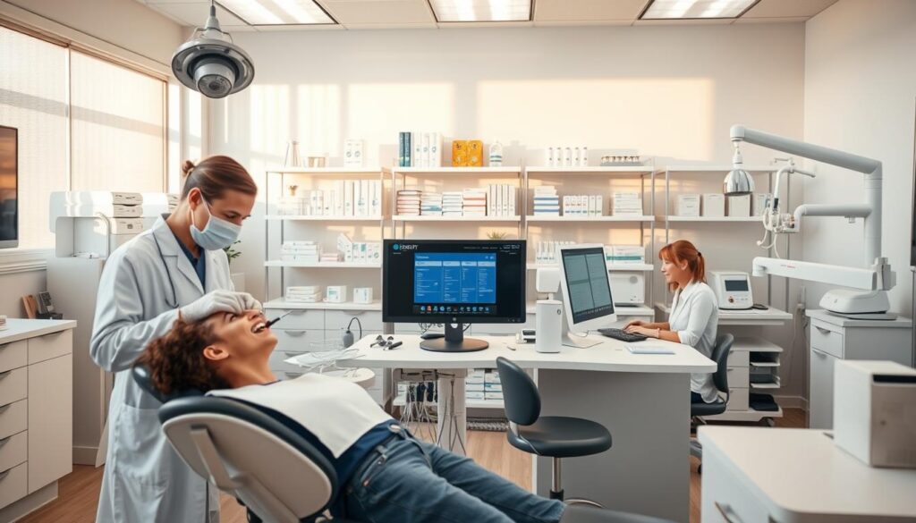 A modern, well-equipped dental clinic with an organized and efficient workflow. The foreground features a dentist in a white coat examining a patient's teeth using various dental tools and instruments. The middle ground showcases a receptionist managing patient records and scheduling appointments on a computer. In the background, shelves of dental supplies, x-ray machines, and sterilization equipment convey the professional and technological nature of dental practice management. Warm, natural lighting creates a calming atmosphere, while clean, minimalist design elements suggest a focus on organization and productivity.
