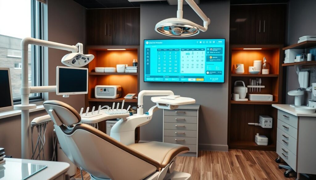 A modern, well-equipped dental clinic with essential functionalities. In the foreground, a sleek dental chair with advanced features, surrounded by state-of-the-art medical equipment. The middle ground showcases a digital patient management system, displaying patient records and appointment schedules on a large touchscreen display. In the background, a well-organized storage area houses a variety of dental tools and supplies, all within easy reach of the clinicians. The lighting is warm and inviting, creating a comfortable atmosphere for both patients and staff. The overall scene conveys a sense of professionalism, efficiency, and patient-centric care.