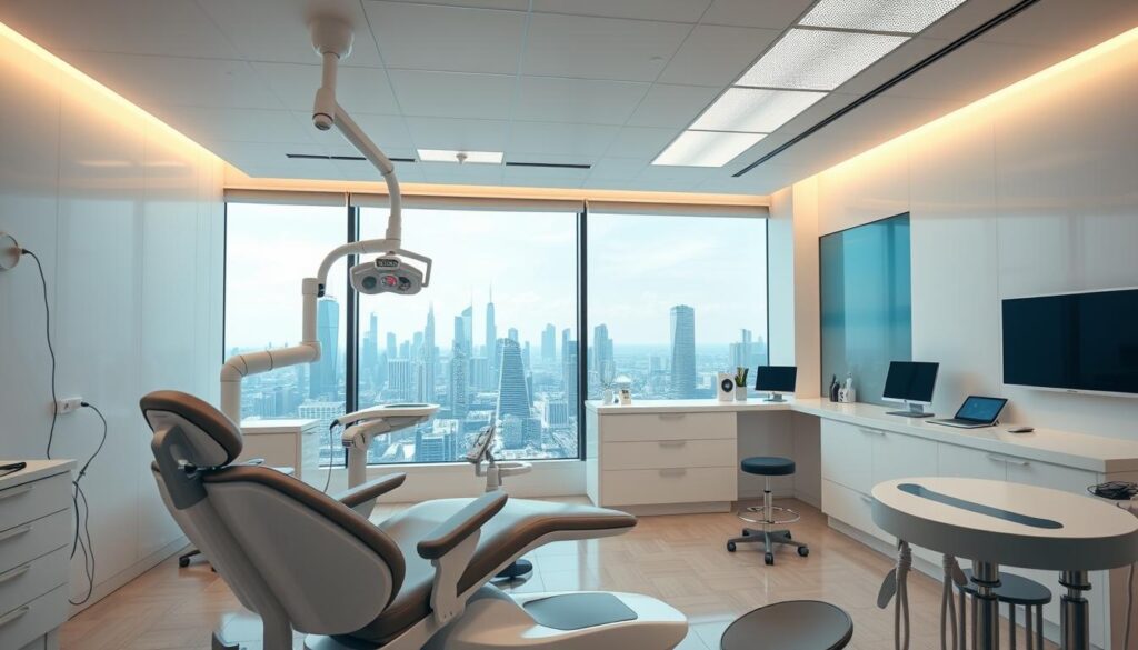 A modern, well-equipped dental clinic with sleek, minimalist interior design. In the foreground, a patient chair with advanced dental technology, including a digital display and robotic arms. The middle ground showcases a reception area with a clean, streamlined aesthetic and smart devices such as tablets and touchscreens. In the background, a panoramic window offers a view of a futuristic city skyline, symbolizing the clinic's integration with the latest technological advancements. The lighting is bright, warm, and evenly distributed, creating a welcoming and professional atmosphere. The overall scene conveys a sense of efficiency, innovation, and a patient-centric approach to dental care.