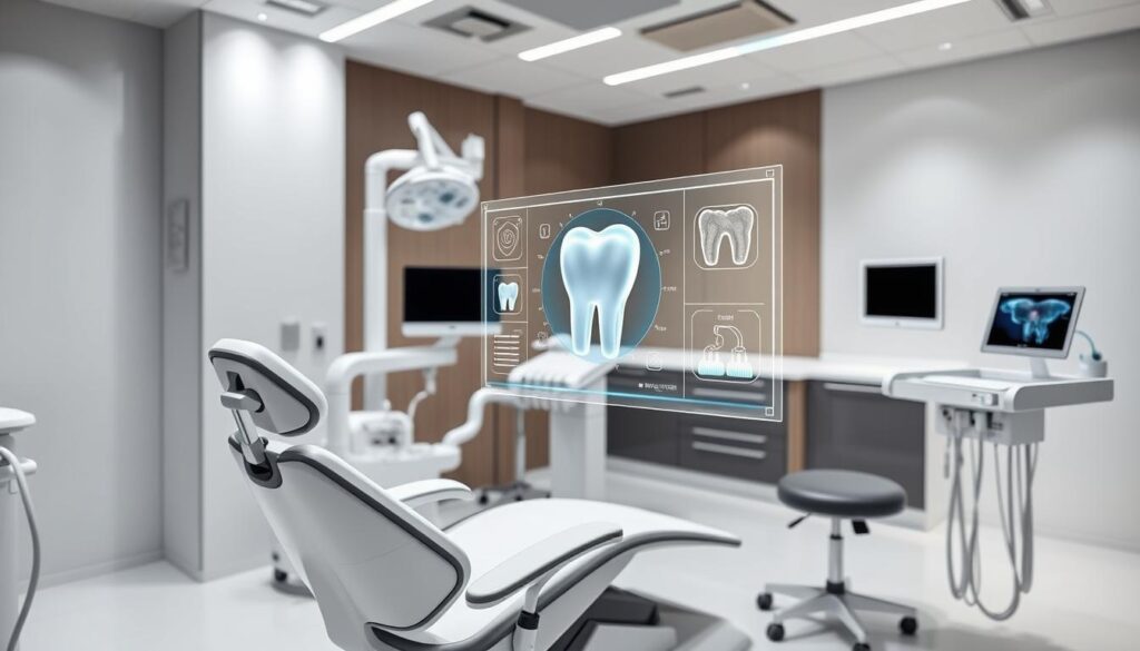 A modern, well-equipped dental clinic with specialized equipment and technology. In the foreground, a high-quality dental chair with ergonomic design and state-of-the-art features. In the middle ground, a floating holographic display showcasing advanced diagnostic tools and patient monitoring systems. The background depicts a sleek, minimalist interior with clean lines, neutral tones, and strategic lighting that creates a calming, professional atmosphere. The overall scene conveys a sense of innovation, efficiency, and patient-centric care, reflecting the Gestão Odonto Completo solution for dental clinics.