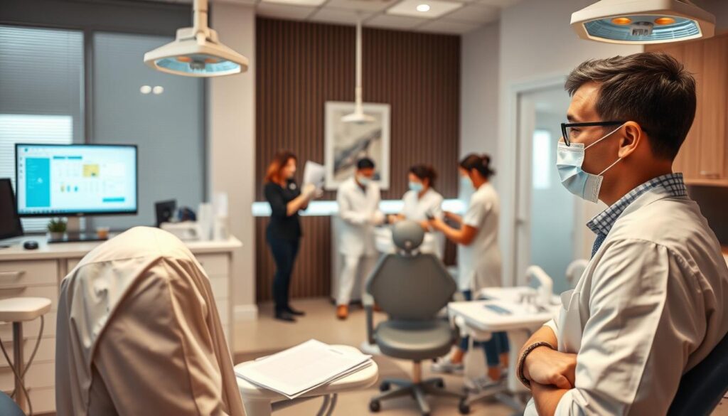 A modern, well-equipped dental clinic with various challenges. In the foreground, a dentist facing a frustrated patient, capturing the complexities of patient management. In the middle ground, a receptionist juggling patient records and scheduling on a computer, illustrating the administrative hurdles. In the background, a team of dental assistants preparing instruments, showcasing the importance of efficient workflows. The lighting is warm and inviting, creating a professional yet approachable atmosphere. The composition emphasizes the interconnected aspects of dental practice management, inviting the viewer to consider the multifaceted nature of running a successful dental office.
