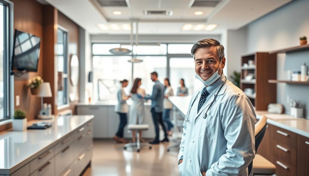 A modern, well-equipped dental office interior with a professional dentist at the reception desk, welcoming patients. In the background, a team of dental staff collaborating and sharing ideas. Soft, natural lighting illuminates the space, creating a warm and inviting atmosphere. The scene conveys a sense of growth, progress, and continuous improvement within the dental practice.