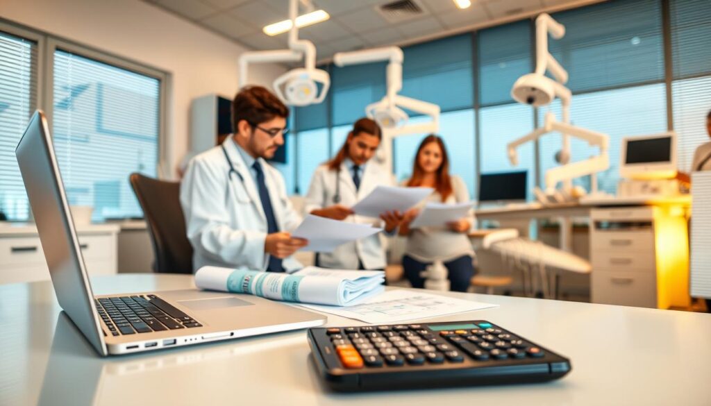 A modern, well-equipped dental office with a focus on financial management. In the foreground, a desk with a laptop, financial documents, and a calculator, indicating the importance of meticulous record-keeping and analysis. In the middle ground, a team of dental professionals reviewing financial reports and discussing strategies for cost optimization and revenue growth. The background features state-of-the-art dental equipment, highlighting the integration of advanced technology and efficient financial practices. The lighting is warm and inviting, creating a professional yet approachable atmosphere. The overall composition conveys a sense of order, organization, and a commitment to the financial well-being of the dental practice.