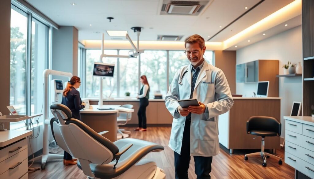 A modern, well-equipped dental office with sleek, minimalist decor. In the foreground, a dentist in a white coat stands next to a patient chair, explaining something on a tablet. In the middle ground, a receptionist assists a patient at the front desk. The background features state-of-the-art dental equipment, including an x-ray machine and sterilization station, all bathed in warm, natural lighting from large windows. The overall atmosphere conveys professionalism, efficiency, and patient-centric care, reflecting the focus of the dental office management course.