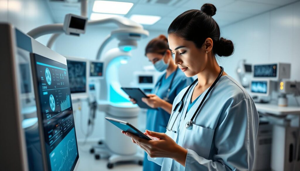 A modern, well-equipped medical clinic with advanced digital technologies seamlessly integrated into the clinical workflow. In the foreground, a doctor reviewing patient data on a high-resolution touchscreen display, their face illuminated by the soft glow of the screen. In the middle ground, a nurse administering treatment using a tablet-based interface, effortlessly accessing and updating the patient's electronic medical record. The background showcases state-of-the-art diagnostic equipment, including AI-powered imaging systems and real-time monitoring devices, all interconnected to provide a comprehensive, data-driven approach to patient care. The overall scene conveys a sense of efficiency, innovation, and a commitment to delivering the highest quality of clinical management through the intelligent integration of technology.