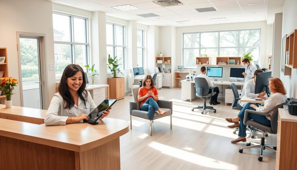 A modern, well-equipped medical office with a warm, inviting atmosphere. In the foreground, a friendly receptionist greets patients at the front desk, using a tablet to manage appointments and records. In the middle ground, patients sit comfortably in ergonomic chairs, engaged with their smartphones or reading educational materials. The background showcases a clean, organized workflow, with nurses and doctors collaborating at computer stations, analyzing test results and planning personalized treatment strategies. Abundant natural light filters through large windows, creating a calming, professional ambiance that reflects the clinic's commitment to holistic patient care.