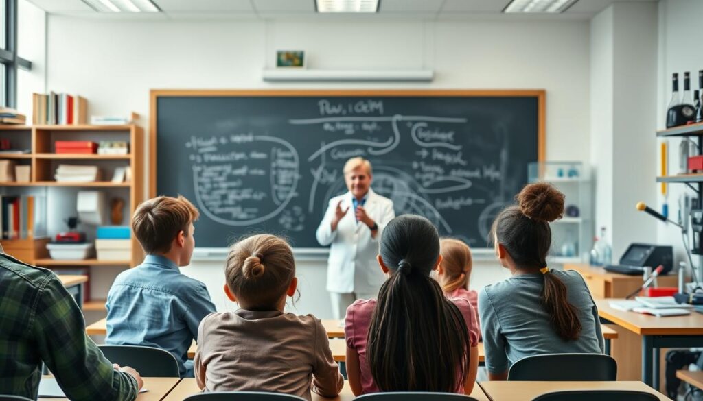 A modern, well-lit classroom setting, with a chalkboard or whiteboard taking center stage. In the foreground, a small group of students engaged in lively discussion, their faces animated with curiosity and interest. The middle ground features a teacher, standing before the class, gesturing thoughtfully as they guide the learning process. The background showcases a variety of educational resources, such as shelves of books, scientific equipment, and technology-enabled tools, creating an atmosphere of intellectual stimulation. The overall scene conveys a sense of active, collaborative learning, with a focus on the methodologies that facilitate the exchange of knowledge and ideas.