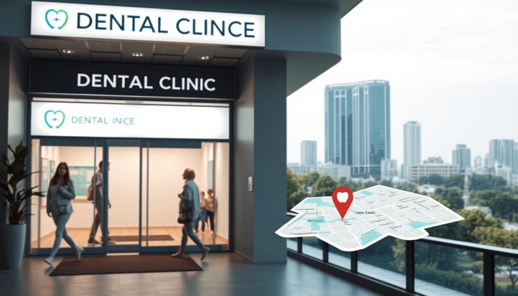 A modern, well-lit dental clinic entrance with clear signage and an inviting, professional atmosphere. In the foreground, a medical diagram or map highlighting the clinic's location, pinpointed on a detailed city map. In the middle ground, patients entering and exiting the clinic, accompanied by friendly staff offering directions. The background features a clean, minimalist cityscape with tall buildings, trees, and other landmarks to establish the geographical context. The entire scene conveys a sense of accessibility, convenience, and quality care for the local community.