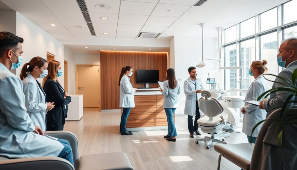 A modern, well-lit dental clinic interior with a focus on people management. In the foreground, a team of dental professionals - dentists, assistants, and receptionists - engaged in a collaborative meeting, discussing patient care, scheduling, and staff training. The middle ground features a sleek, minimalist reception area with warm wood accents and comfortable seating for patients. The background showcases a state-of-the-art treatment room, with gleaming dental equipment and a large window providing natural light. The overall atmosphere conveys a sense of professionalism, efficiency, and patient-centric care.