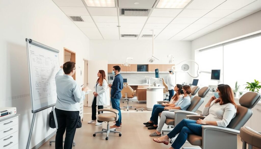 A modern, well-lit dental clinic interior with a focus on strategic planning. In the foreground, a dental team discussing plans and notes on a large whiteboard. In the middle ground, patients in comfortable chairs awaiting treatment, conveying a sense of professionalism and care. The background features state-of-the-art dental equipment and technology, suggesting a commitment to excellence. The overall scene exudes a calm, organized atmosphere, with natural lighting filtering in through large windows. The image should effectively communicate the concept of "strategic planning for dental clinics" in a visually appealing and professional manner.