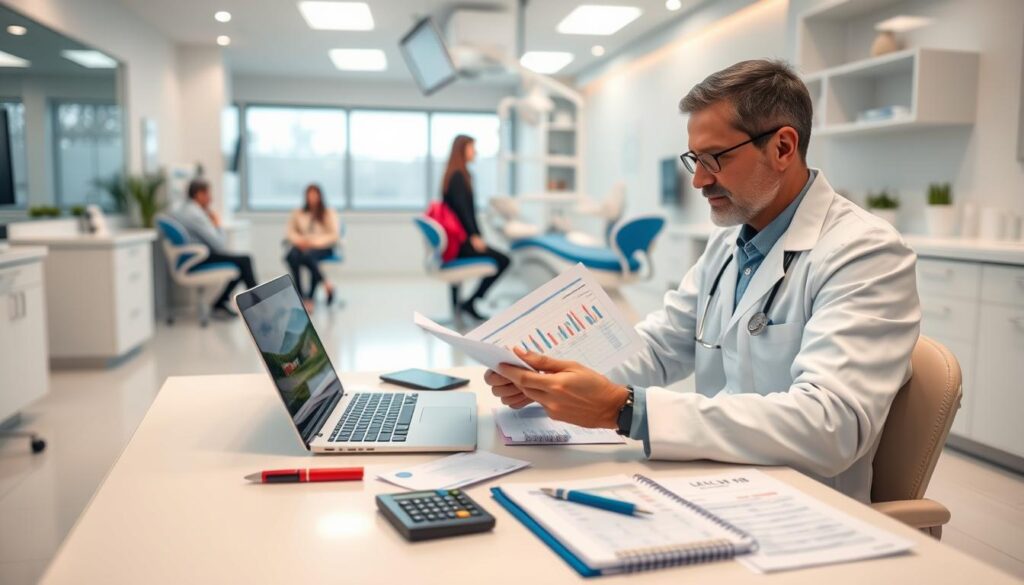 A modern, well-lit dental clinic interior with a focus on the financial management aspect. In the foreground, a dentist sits at a desk reviewing financial reports and spreadsheets on a laptop, surrounded by professional finance-related items like a calculator, ledger, and pen. The middle ground features patients in the waiting area, reflecting the balanced priorities of patient care and sound financial practices. The background showcases state-of-the-art dental equipment and a clean, organized office environment. The overall mood is one of professionalism, efficiency, and a commitment to excellence in both patient service and financial management.