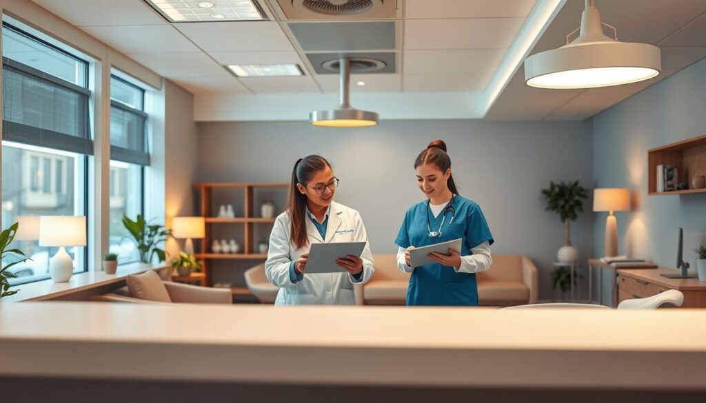 A modern, well-lit dental clinic interior, with a reception area in the foreground. In the middle ground, a team of dental professionals - dentist, dental assistant, and hygienist - engaged in a collaborative discussion, reviewing patient files and coordinating schedules. In the background, the clinic's waiting room, with comfortable seating and soothing décor, creating a calming atmosphere for patients. The lighting is warm and inviting, with a mix of natural and artificial sources. The overall scene conveys a sense of professionalism, efficiency, and patient-centric care within the dental practice.