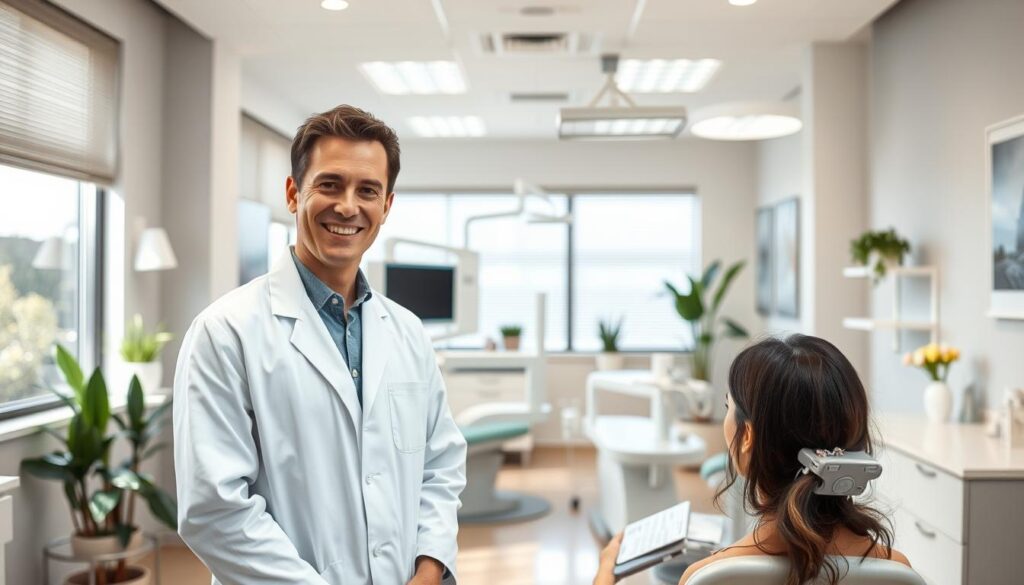 A modern, well-lit dental clinic interior with a warm, inviting atmosphere. The foreground features a professional dentist in a white coat, smiling and engaged with a patient. The middle ground showcases various dental equipment and supplies, conveying expertise and high-quality care. The background depicts a calming, minimalist decor with soothing colors, plants, and natural lighting, creating a relaxing patient experience. The composition emphasizes the human connection and personalized approach to dental marketing, reflecting the needs and expectations of a discerning clientele.