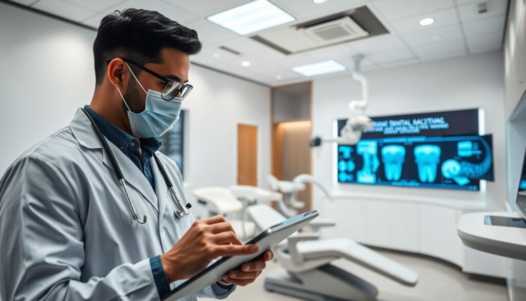 A modern, well-lit dental clinic with a seamless integration of cutting-edge technology. In the foreground, a dentist uses a tablet to access patient records and treatment plans. In the middle ground, a row of high-tech dental chairs equipped with digital X-ray and scanning devices. The background showcases a sleek, minimalist reception area with a digital display showcasing the latest advancements in dental care. The overall atmosphere conveys a sense of efficiency, professionalism, and a patient-centric approach to dental management.