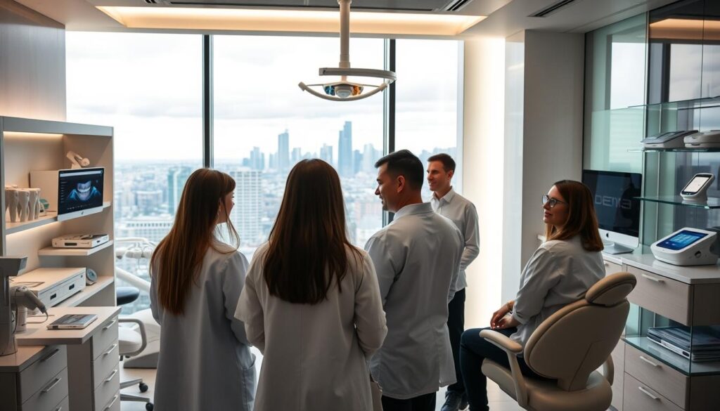 A modern, well-lit dental clinic with a sleek and professional interior design. In the foreground, a group of people - a dentist, dental hygienist, and patients - engaged in a consultation, discussing treatment options and strategies for improving patient experience. In the middle ground, display shelves showcase the latest dental technology and equipment. The background features a panoramic view of the city skyline, conveying a sense of urban sophistication. The overall mood is one of efficiency, innovation, and a patient-centric approach to dental care.