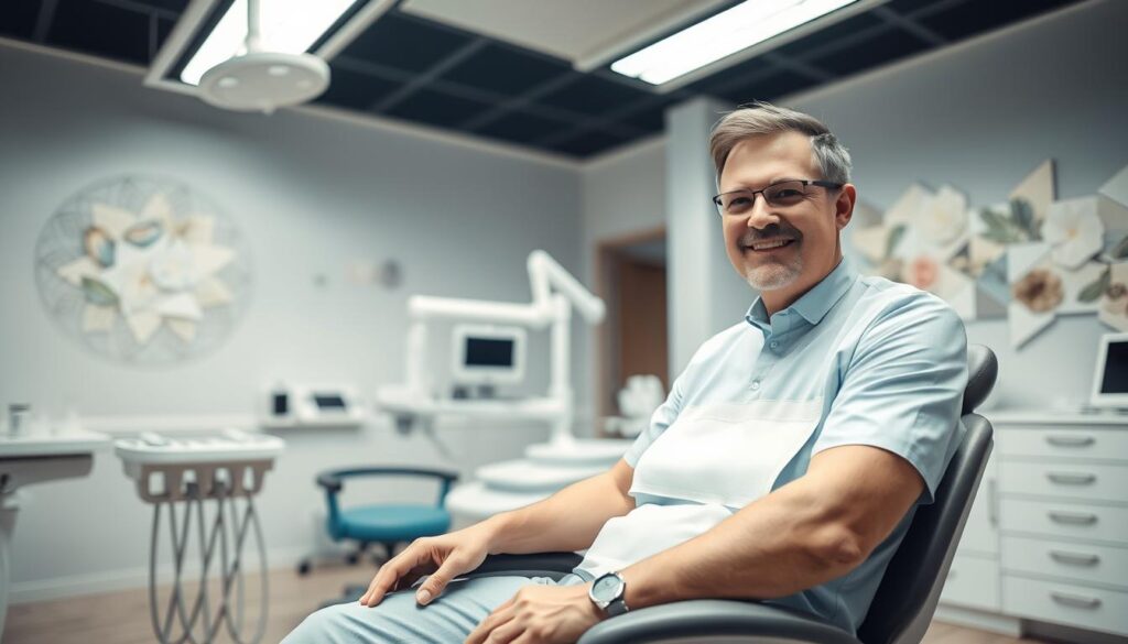 A modern, well-lit dental office interior with a calm, professional atmosphere. In the foreground, a patient sitting comfortably in a dental chair, being attended to by a caring, attentive dentist wearing sterile medical attire. The dentist's expression conveys compassion and focus, while the patient appears relaxed and at ease. The middle ground features state-of-the-art dental equipment and tools, neatly organized and maintained. The background showcases a clean, organized space with soothing wall decor and minimal clutter, creating a welcoming environment. Soft, diffused lighting enhances the serene, reassuring mood, putting the patient's well-being at the center of the scene.