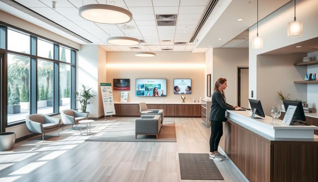 A modern, well-lit dental office interior with a receptionist desk in the foreground, engaged in a conversational interaction with a patient. The middle ground features comfortable seating areas and informative displays showcasing the clinic's services and expertise. The background depicts a warm, inviting atmosphere with neutral tones, subtle decor, and natural lighting filtering through large windows. The overall scene conveys a sense of personalized care, attentive customer service, and a smooth, seamless digital experience tailored to the needs of the dental practice's clientele.