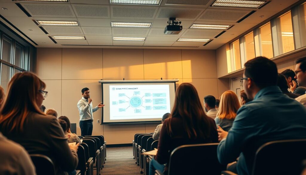 A modern, well-lit lecture hall filled with rows of attentive students, their faces illuminated by the soft glow of a large projection screen at the front of the room. The instructor, dressed in a crisp, professional outfit, stands before them, gesturing animatedly as they explain a complex diagram related to dental practice management. The atmosphere is one of focused engagement, with the students leaning forward, diligently taking notes. Warm, natural lighting filters in through large windows, casting a serene ambiance over the scene. The overall impression is of a dynamic, collaborative learning environment dedicated to the specialized field of dental practice management.