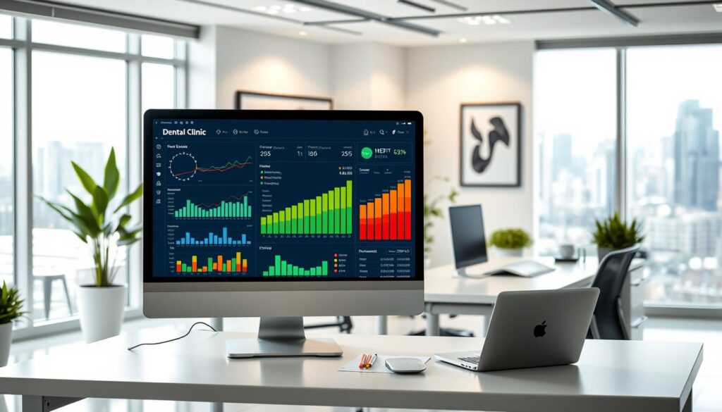 A modern, well-lit office interior showcasing a financial management dashboard for a dental clinic. In the foreground, a sleek desktop computer displays colorful charts and graphs tracking key financial metrics such as revenue, expenses, and cash flow. In the middle ground, a desk with a laptop and various office supplies conveys a sense of organized productivity. The background features clean, minimalist decor with potted plants, framed artwork, and a large window overlooking a bustling cityscape. The overall scene exudes a professional, technologically-savvy atmosphere conducive to effective financial oversight of a thriving dental practice.