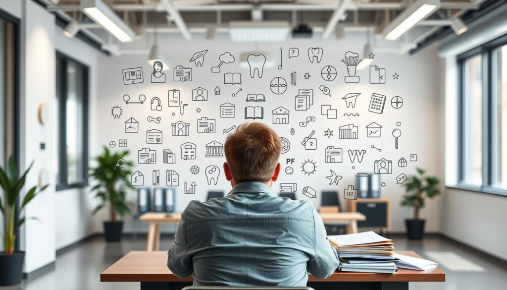 A modern, well-lit office setting with a professional, thoughtful atmosphere. In the foreground, a person sits at a desk, contemplating various course options and career paths, represented by folders and documents. The middle ground features an array of educational and career-related icons, symbols, and illustrations, hinting at the decision-making process. The background showcases a clean, minimalist design with soft, neutral tones, creating a sense of focus and clarity. The overall composition conveys the idea of carefully weighing options to find the ideal course of study for one's professional development as a dentist.
