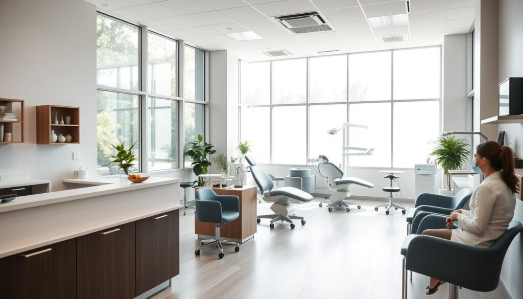 A modern, well-organized dental clinic interior with a reception desk, waiting area, and exam rooms. The space is filled with natural light from large windows, creating a calming, professional atmosphere. The decor features clean lines, minimalist furniture, and soothing colors like blues and grays. Equipment and technology are discreetly integrated, showcasing the clinic's commitment to efficient, high-quality dental care. In the foreground, a dentist consults with a patient, illustrating the personalized, attentive nature of the practice's dental management.
