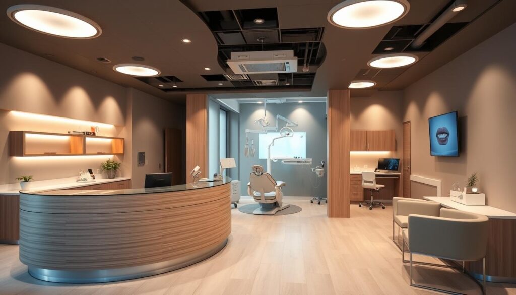 A modern, well-organized dental clinic interior with clean, minimalist design. A spacious reception area with a sleek, curved front desk made of light wood and glass. Comfortable seating for patients in muted tones. Brightly lit examination rooms with state-of-the-art dental equipment, including a high-tech treatment chair and a large wall-mounted display. The clinic exudes a sense of professionalism, efficiency, and patient-centric care. Warm, diffused lighting from recessed ceiling fixtures creates a soothing, relaxing atmosphere. The overall scene conveys the importance of effective practice management for delivering exceptional dental services.