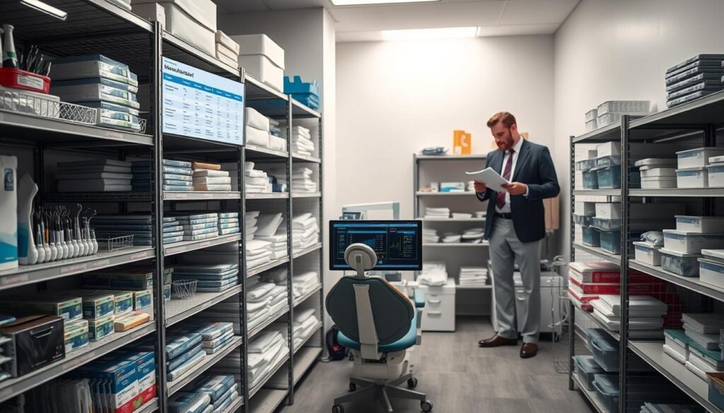 A modern, well-organized dental clinic storeroom. The foreground features neatly arranged shelves stocked with various dental supplies and equipment, such as dental instruments, sterilization materials, and disposable items. The middle ground showcases a digital inventory management system displayed on a computer screen, with real-time stock levels and ordering information. The background depicts the clinic's material procurement process, with a purchasing manager reviewing order forms and conversing with a sales representative. Soft, diffused lighting creates a calm, professional atmosphere, while the overall composition conveys a sense of efficiency and attention to detail in the clinic's material and inventory management.