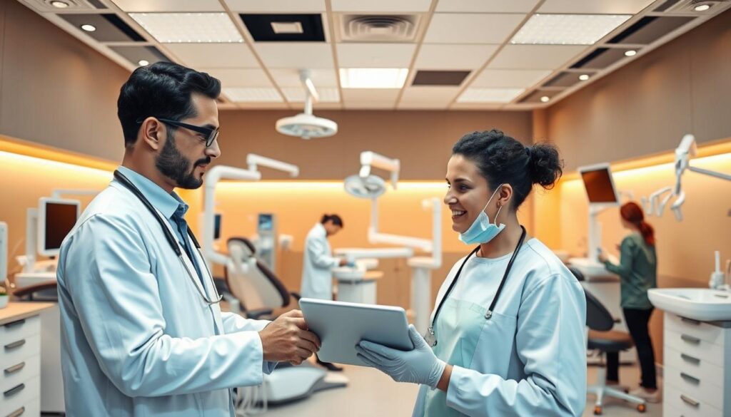 A modern, well-organized dental clinic with a bright, welcoming atmosphere. In the foreground, a dentist consults with a patient, explaining procedures on a tablet. The middle ground features efficient workflow, with dental assistants preparing equipment and managing patient records. The background showcases state-of-the-art technology, such as digital X-ray machines and advanced treatment chairs. Warm lighting creates a calming environment, while clean, minimalist decor exudes professionalism. The scene illustrates the practical, streamlined management of a successful dental practice.