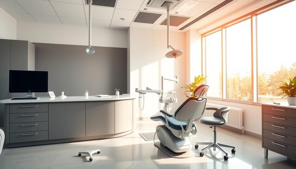 A modern, well-organized dental clinic with a clean, minimalist aesthetic. In the foreground, an ergonomic dentist's chair and equipment, conveying efficiency and professionalism. The middle ground features a reception area with a sleek, minimalist design, suggesting a streamlined patient experience. In the background, a bright, airy space with large windows, bathed in warm, natural lighting, creating a calming, welcoming atmosphere. The scene evokes a sense of technological sophistication and seamless workflow, illustrating the optimization of processes for an ideal dental practice.