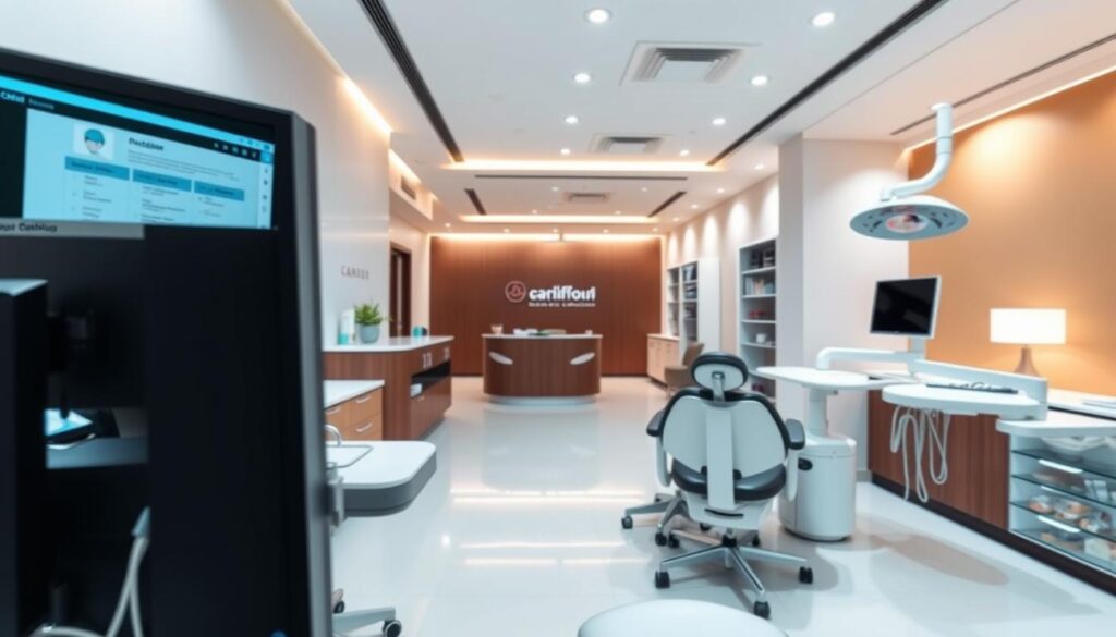 A modern, well-organized dental clinic with a clean, professional atmosphere. The foreground depicts a dentist's workspace, including a dental chair, instruments, and a computer monitor displaying patient records. The middle ground showcases a reception area with a sleek, minimalist design, comfortable seating, and subtle branding elements. In the background, there are warm-toned walls, indirect lighting, and a sense of organizational efficiency, reflecting the principles of clinical management. The overall mood is one of competence, attention to detail, and a patient-centric approach to dental healthcare.