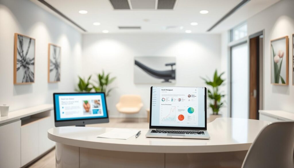 A modern, well-organized dental clinic with clean, minimalist interiors. The reception area features a sleek, curved desk with a computer and paperwork neatly arranged. In the background, a row of comfortable chairs and potted plants create a warm, inviting atmosphere. Soft, diffused lighting illuminates the space, casting a soothing glow. The walls are adorned with neutral-toned artwork, reflecting the clinic's professional and calming vibe. On the desk, a laptop displays dental management software, symbolizing the efficient, technology-driven nature of the clinic's operations. The overall scene conveys a sense of organization, attention to detail, and a patient-centric approach to dental practice management.