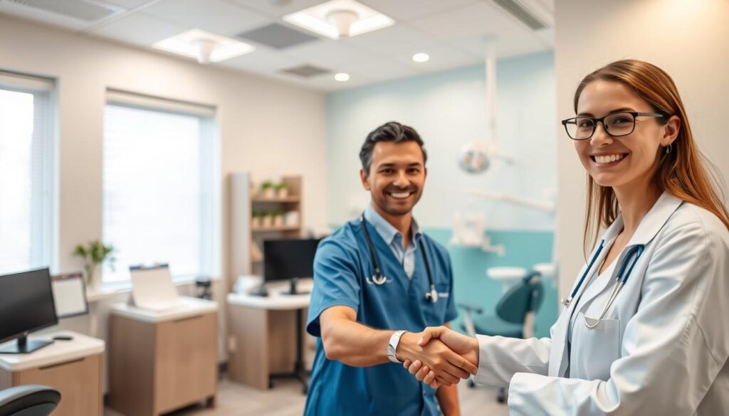 A modern, well-organized dental clinic with efficient management practices. In the foreground, a smiling dentist and a satisfied patient shaking hands, conveying professionalism and positive patient experience. In the middle ground, a neatly arranged reception area with a computer, calendar, and organized paperwork, symbolizing streamlined administrative processes. The background features clean, bright lighting, soothing pastel walls, and state-of-the-art dental equipment, creating an atmosphere of advanced, patient-centric care. The overall scene highlights the benefits of effective dental practice management, including improved patient satisfaction, operational efficiency, and a welcoming, technologically-advanced environment.