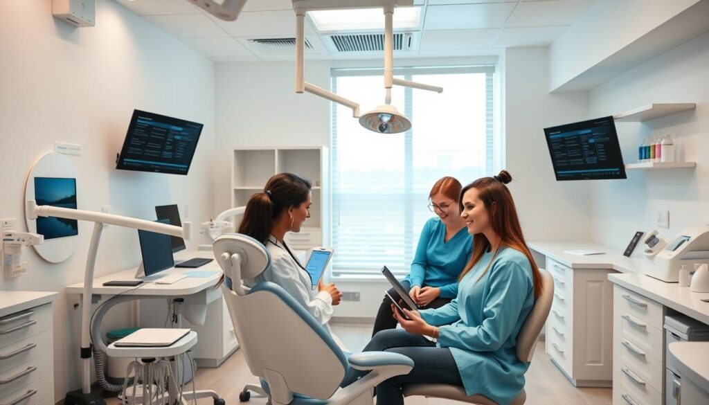 A modern, well-organized dental clinic with efficient workflow and streamlined operations. Highlight strategic planning, patient-centric processes, and innovative technology integration. Showcase a clean, minimalist interior design with sleek medical equipment, ergonomic workstations, and soothing color palettes to create a calming, professional atmosphere. Depict dental staff collaborating, using digital tools, and providing attentive patient care. Convey a sense of productivity, organization, and patient satisfaction through the composition and lighting. Capture the essence of a thriving, efficiently managed dental practice.