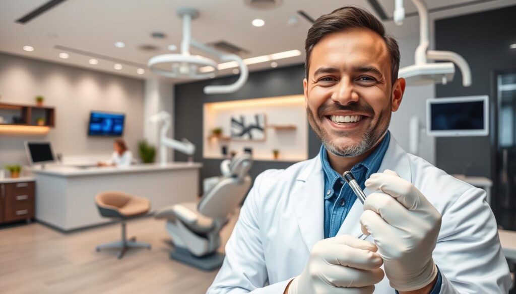 A modern, well-organized dental clinic with sleek, minimalist design. The foreground features a smiling dentist in a white coat, examining a patient's teeth using state-of-the-art dental equipment. The middle ground showcases a reception area with a friendly receptionist, comfortable seating, and trendy decor. The background reveals a clean, well-lit treatment room with advanced dental chairs and monitoring devices. The overall scene conveys a sense of professionalism, efficiency, and patient-centric care, reflecting the importance of effective dental clinic management.