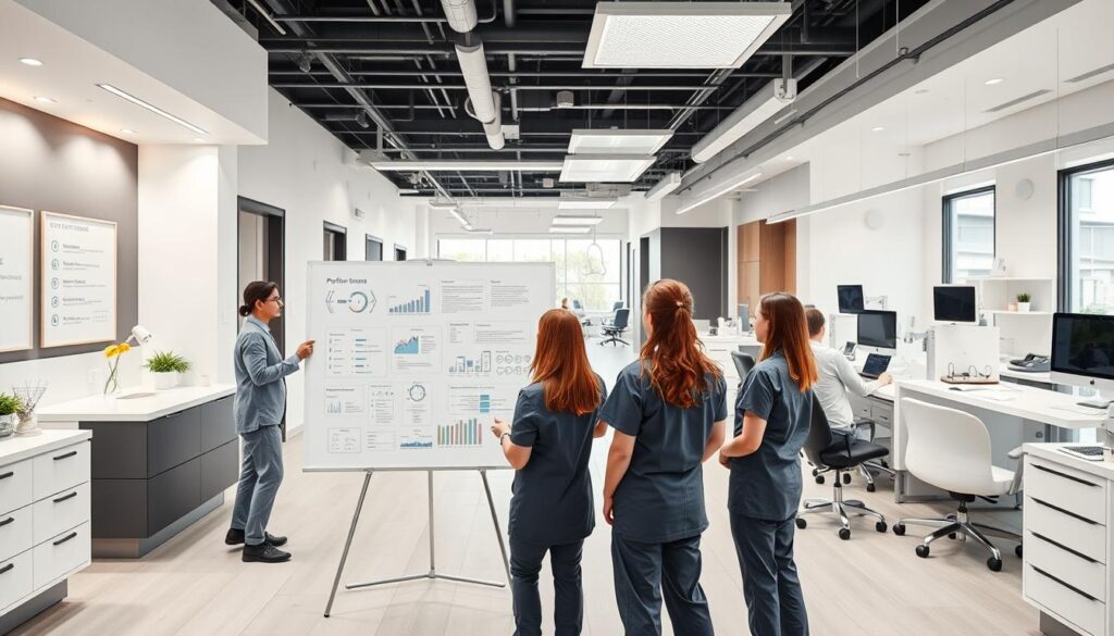 A modern, well-organized dental office interior with a focus on strategic management concepts. In the foreground, a team of dental professionals, dressed in clean uniforms, gathered around a whiteboard mapping out key performance indicators and workflow optimization strategies. The middle ground features a sleek reception area with a minimalist aesthetic, leading to private consultation rooms where dentists discuss treatment plans with patients. In the background, a bright, airy open-plan workspace with abundant natural light, ergonomic workstations, and state-of-the-art equipment, all designed to foster a productive and efficient dental practice. The overall mood is one of professionalism, innovation, and a commitment to exceptional patient care.
