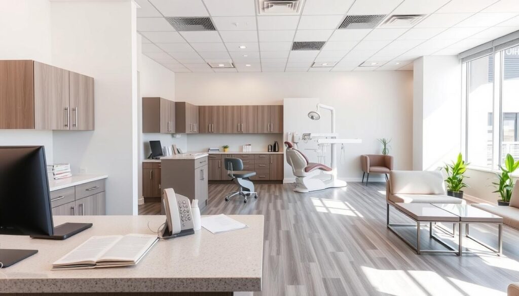 A modern, well-organized dental office interior with bright lighting and a calming atmosphere. In the foreground, a receptionist's desk with a computer, phone, and appointment book. The middle ground features exam rooms with advanced dental equipment, including chairs, x-ray machines, and cabinets. In the background, a spacious waiting area with comfortable chairs, magazines, and potted plants. The overall design conveys a sense of professionalism, efficiency, and patient-centered care, highlighting the importance of effective dental office management.