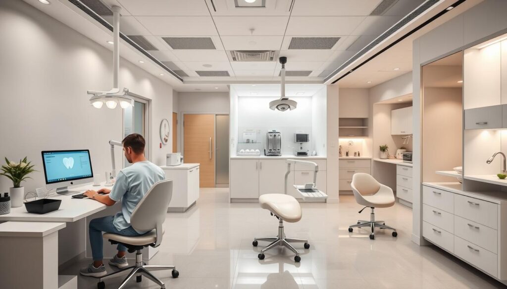 A modern, well-organized dental office interior with efficient workflows and organized processes. The foreground features a team of dental professionals collaborating at a sleek, minimalist workstation, using digital tools and technology to optimize patient care. The middle ground showcases a bright, airy reception area with a calming color palette and ergonomic furniture, creating a welcoming atmosphere. The background reveals a state-of-the-art sterilization zone and storage areas, reflecting the clinic's commitment to cleanliness and organization. Warm, directional lighting highlights the streamlined design, conveying a sense of professionalism and attention to detail that embodies the concept of "gestão eficiente" (efficient management) for a successful dental practice.