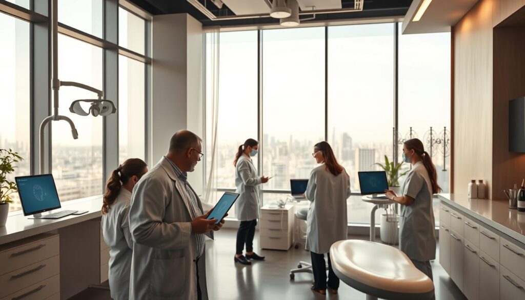 A modern, well-organized dental office with a focus on efficient management practices. In the foreground, a team of dental professionals collaborate using digital tools and software, streamlining workflows and optimizing patient care. The middle ground features a reception area with a sleek, minimalist design, conveying a sense of professionalism and attention to detail. In the background, a panoramic view of the city skyline through large windows, highlighting the clinic's urban setting and commitment to a cutting-edge, future-oriented approach to dental practice management. Soft, warm lighting illuminates the scene, creating a calming and inviting atmosphere. The composition emphasizes the synergy between technology, teamwork, and a patient-centric focus, capturing the essence of effective dental practice management.