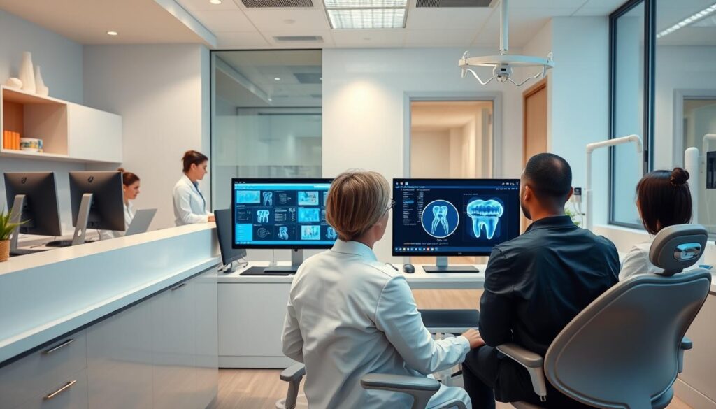 A modern, well-organized dental office with clear, efficient workflows. The reception area is bright and welcoming, with a minimalist, functional design. In the background, the office manager oversees staff managing patient records and scheduling on sleek, up-to-date computer systems. In the middle ground, the dentist consults with a patient, discussing treatment plans on a large interactive display. The lighting is soft and balanced, creating a calm, professional atmosphere. A sense of order and streamlined processes pervades the scene, showcasing a dental practice that has implemented effective management practices.