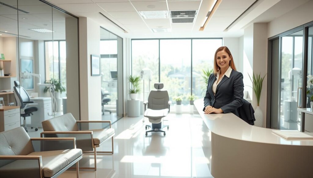 A modern, well-organized dental office with sleek, minimalist design. The reception area has comfortable seating and a clean, professional aesthetic. In the background, exam rooms are visible through glass partitions, conveying an efficient, streamlined workflow. Sunlight filters in through large windows, creating a bright, airy atmosphere. The office manager stands at the front desk, dressed in business attire, exuding a welcoming, knowledgeable demeanor. The overall scene evokes a sense of excellent patient experience and effective dental practice management.