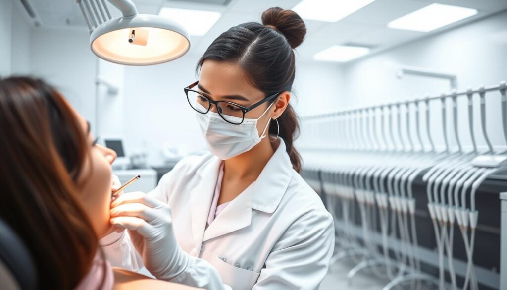 A modern, well-organized dental office with standardized procedures and processes. In the foreground, a dentist in white coat examining a patient's teeth using a dental tool. The middle ground showcases rows of neatly arranged dental equipment, sterilized and ready for use. The background features a clean, minimalist interior design with neutral colors, bright lighting, and a sense of efficiency and professionalism. The scene conveys a streamlined, patient-focused approach to dental care, highlighting the importance of standardized workflows for a smooth and effective practice management.