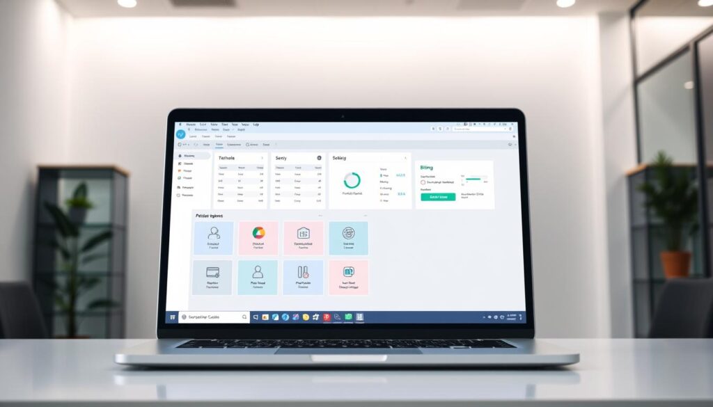 A modern, well-organized dental software interface displayed on a sleek, silver laptop set against a minimalist office background. The software showcases a clean, intuitive dashboard with icons for patient records, scheduling, billing, and practice management. Soft, indirect lighting from overhead fixtures creates a professional, productive atmosphere. The desktop is clutter-free, allowing the software application to take center stage and convey its capabilities for efficient dental practice management.