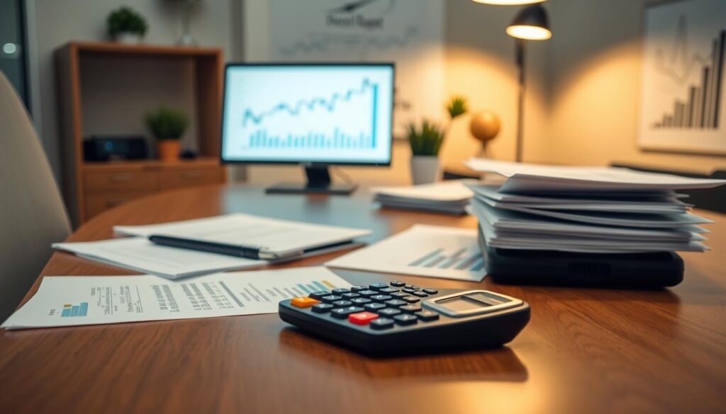 A modern, well-organized office desk with a laptop, calculator, and financial documents neatly arranged. A warm, focused lighting illuminates the desk, creating a sense of diligence and attention to detail. In the background, a financial graph or chart projects an air of analytical insight and financial control. The overall atmosphere conveys a professional, streamlined approach to dental practice management and financial oversight.