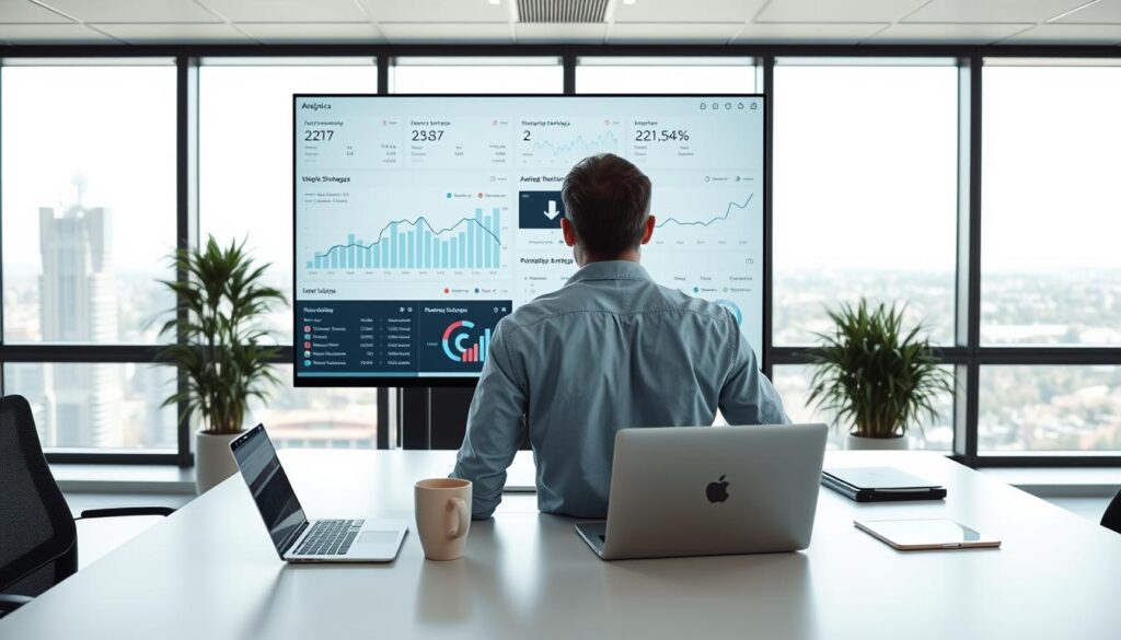 A modern, well-organized office scene with a professional monitoring dashboard on a large computer screen. In the foreground, a person in a business casual outfit is studying the analytics data and adjusting marketing strategies on the display. The middle ground features a minimalist desk with a laptop, coffee mug, and a few office supplies. The background has clean, bright lighting from large windows, showcasing a panoramic city view. The overall atmosphere is one of focus, productivity, and attention to data-driven decision making.