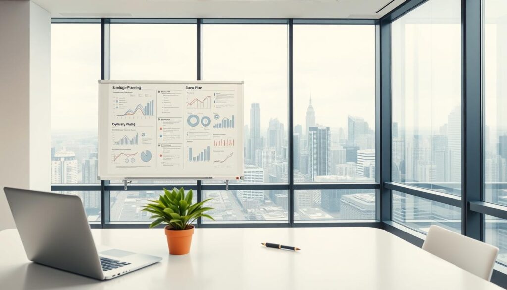 A modern, well-organized office with clean lines and bright, neutral colors. In the foreground, a desk with a laptop, pen, and a strategically placed potted plant. The middle ground features a large whiteboard displaying a detailed business plan, charts, and diagrams. In the background, floor-to-ceiling windows offer a panoramic view of a bustling cityscape, symbolizing the broader context of the strategic planning process. The lighting is soft and indirect, creating a calm, focused atmosphere. The overall composition conveys a sense of professionalism, productivity, and a thoughtful, data-driven approach to strategic decision-making.