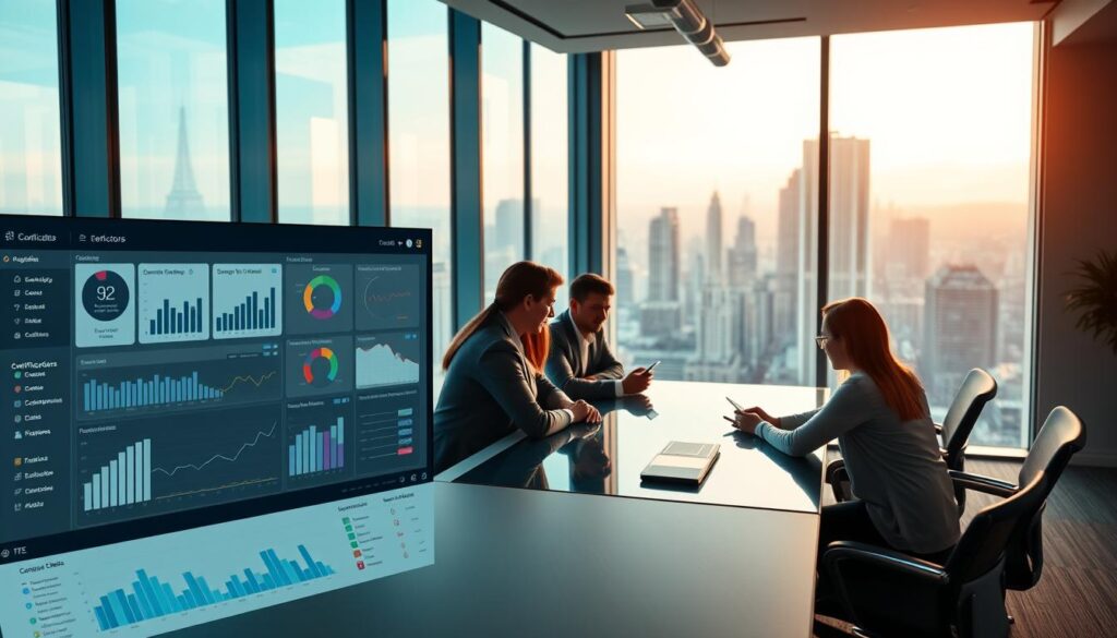 A modern, well-structured dental education management system set against a backdrop of a sleek, minimalist office interior. In the foreground, a digital dashboard displays course enrollment data, certification progress, and student performance analytics. In the middle ground, a team of instructors and administrators collaborate around a touchscreen conference table, reviewing curriculum and scheduling upcoming classes. The background features floor-to-ceiling windows overlooking a bustling city skyline, bathed in warm, directional lighting that casts a professional, elegant atmosphere. The overall scene conveys efficiency, innovation, and a commitment to elevating the standards of dental education and continuing professional development.