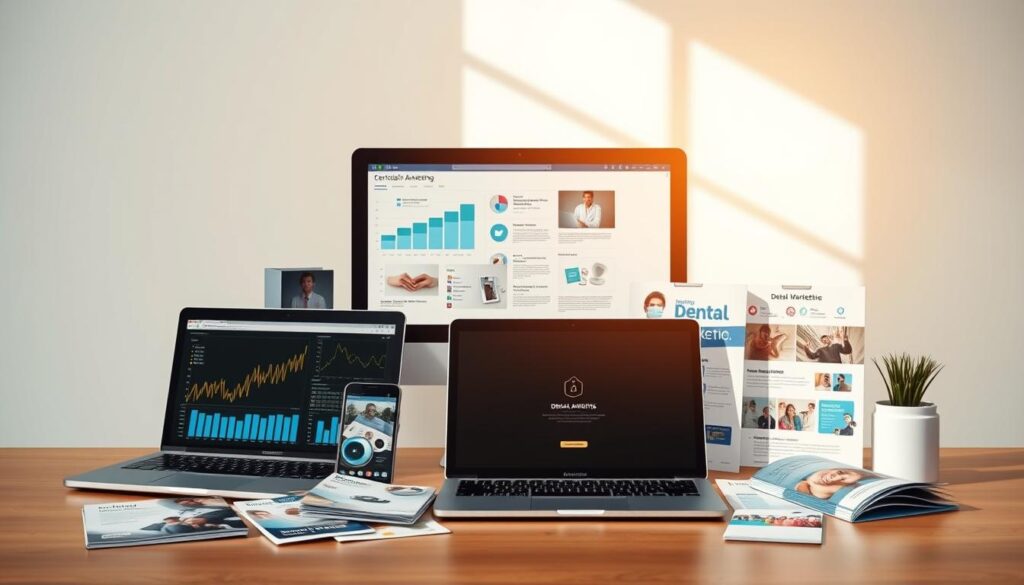 A neatly arranged collection of dental marketing tools set against a clean, minimalist background. In the foreground, various digital devices like a laptop, tablet, and smartphone display analytics dashboards and social media platforms. In the middle ground, physical items like brochures, flyers, and business cards showcase creative designs. In the background, a warm, natural lighting creates a professional, polished atmosphere. The overall scene conveys a cohesive, technology-driven marketing strategy tailored for the dental industry.