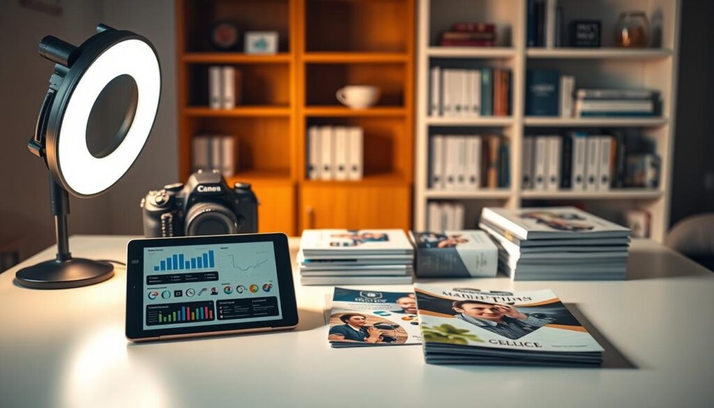 A neatly arranged tabletop showcasing an assortment of sleek and modern dental marketing tools. In the foreground, a tablet displaying analytics dashboards and social media management suites, surrounded by a professional-grade DSLR camera, a high-quality microphone, and a ring light. In the middle ground, a stack of glossy brochures, business cards, and patient education materials with elegant typography and vibrant imagery. In the background, a minimalist bookshelf stocked with marketing strategy guides and industry publications. The scene is bathed in warm, directional lighting that casts subtle shadows, creating a professional, clinical, and forward-thinking atmosphere.