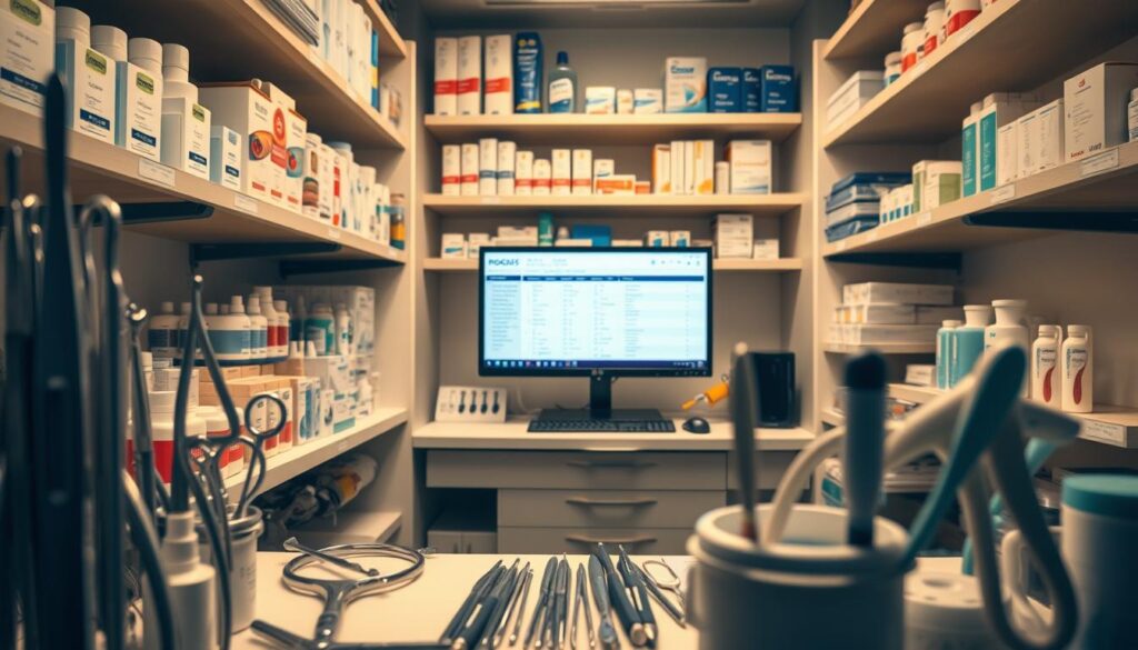 A neatly organized dental clinic supply closet, illuminated by soft, warm lighting. In the foreground, various medical instruments and supplies are meticulously arranged, their shapes and textures precisely defined. The middle ground showcases an array of labeled shelves, each containing carefully stocked dental products, color-coded for easy identification. In the background, a computer monitor displays a digital inventory management system, its interface clean and intuitive. The overall scene conveys a sense of order, efficiency, and attention to detail, perfectly reflecting the optimization of inventory control in a modern dental practice.